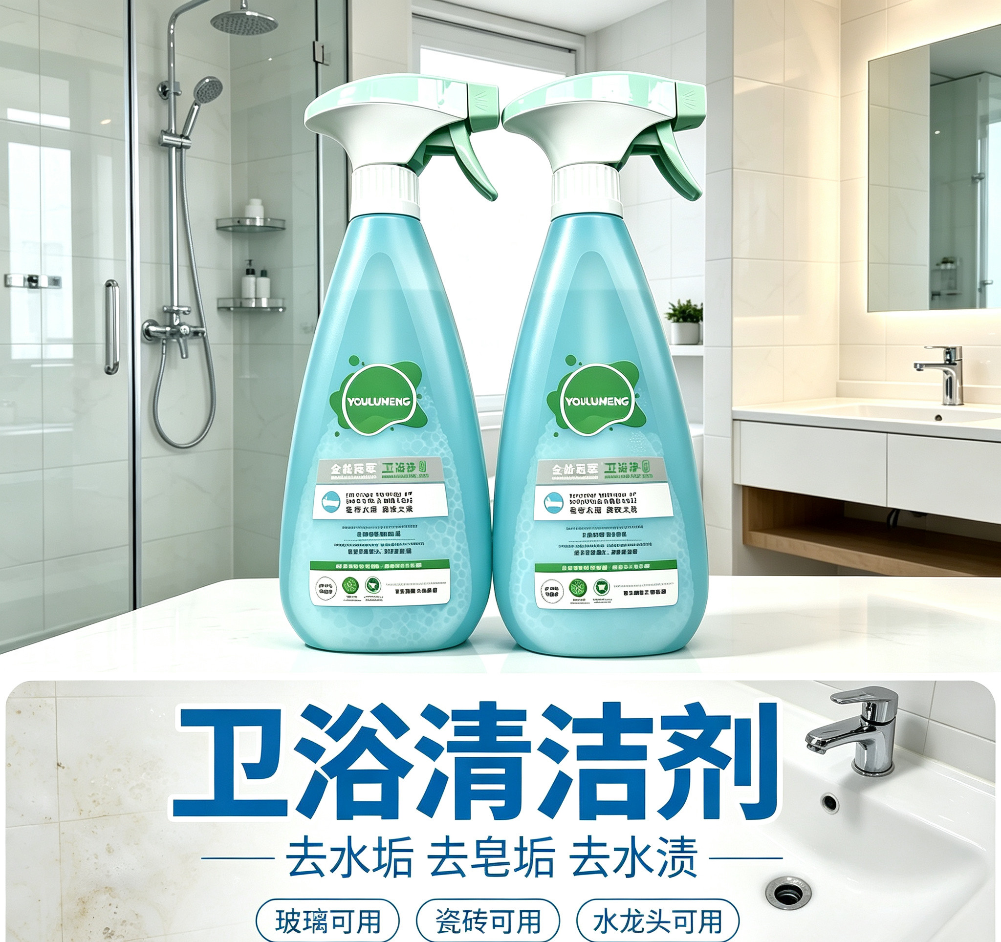 优露清卫浴净浴室厕所玻璃瓷砖地板马桶水垢镜面防雾不锈钢清洁剂