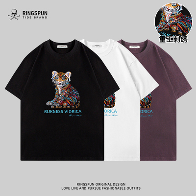 【老虎】新款纯棉刺绣短袖男潮牌圆领宽松t男休闲百搭男女款