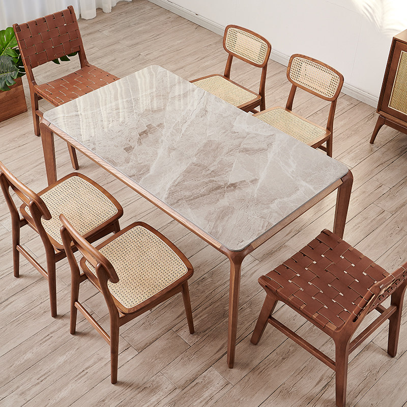 北欧简约实木简单岩板餐桌椅组合长方形饭桌餐厅家具家用吃饭桌子