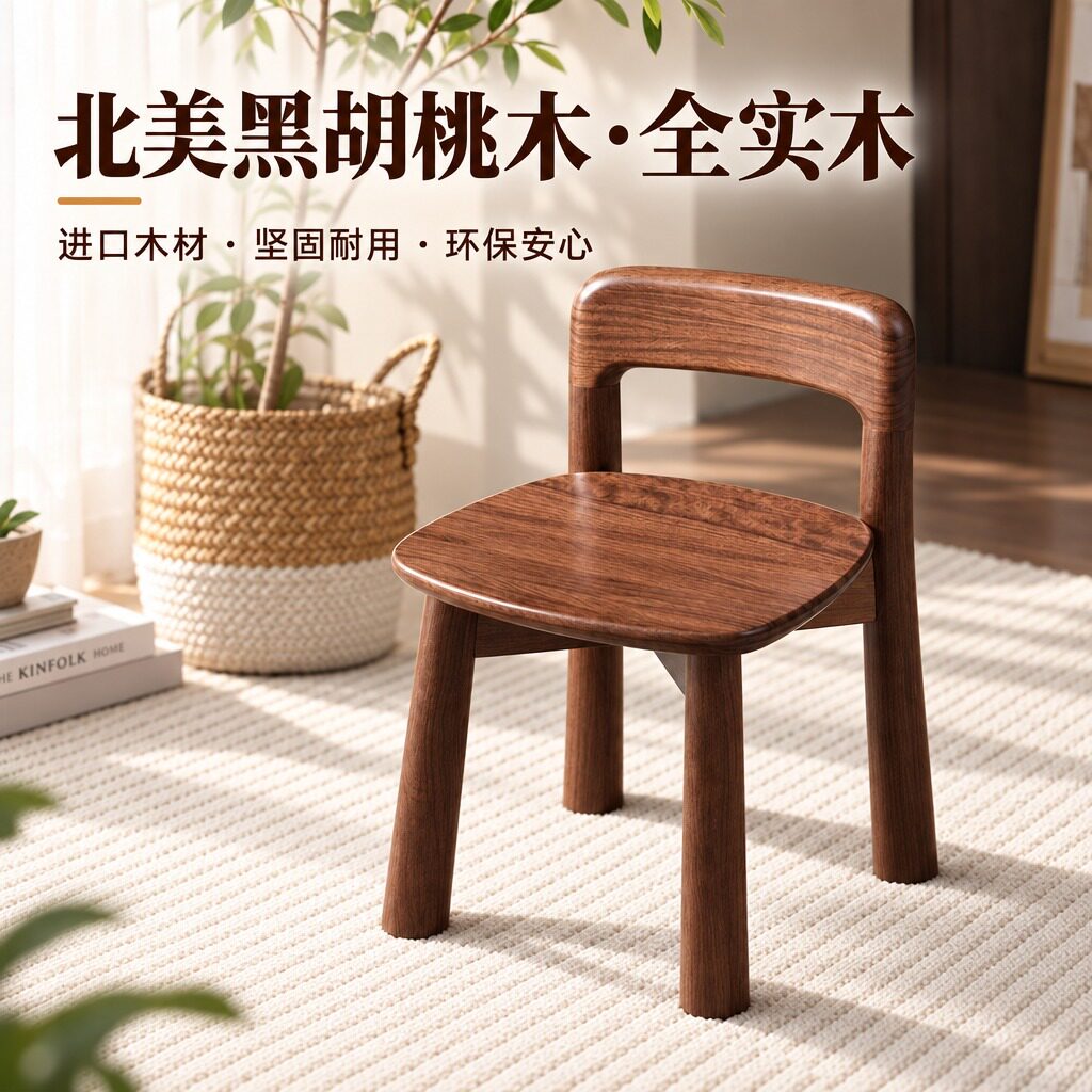 小兔匠北美黑胡桃木小板凳儿童椅子换鞋凳带靠背矮凳全实木客厅凳