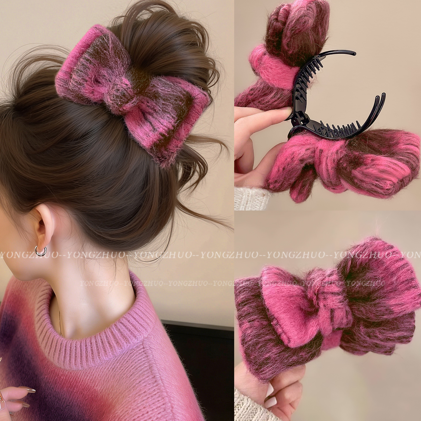 粉色蝴蝶结毛绒丸子头抓夹女高级感2025新款发夹后脑勺盘头发夹子