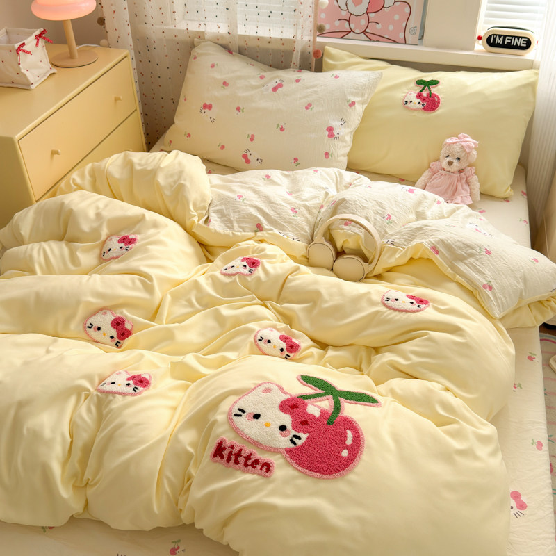 可爱卡通a类水洗棉毛巾绣床上四件套被套卧室ins风宿舍床单三件套