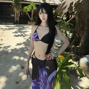 性感印花比基尼女分体式 绑带度假风氨纶泳衣套装