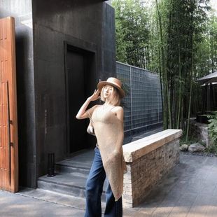 装 比基尼披肩夏季 饰 针织露背镂空编织流苏无袖 披肩浅棕色防晒韩版