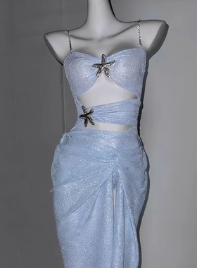 性感风蓝色亮片比基尼女分体式海星装饰度假泳衣