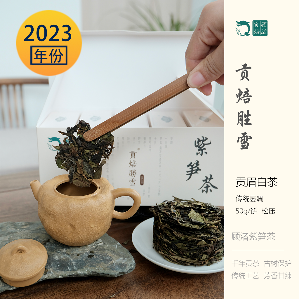 【23年特惠】长兴紫笋茶顾渚贡焙23年贡眉白茶饼松压50g群体山料