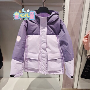 特步儿童2025冬新款675424194284女大童防雨雪短款羽绒服拼色外套