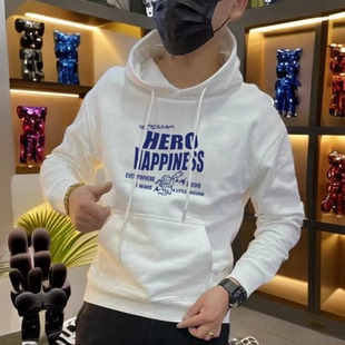 连帽卫衣男士潮牌字母印花白色加绒加厚外套春秋潮流加绒加厚上衣