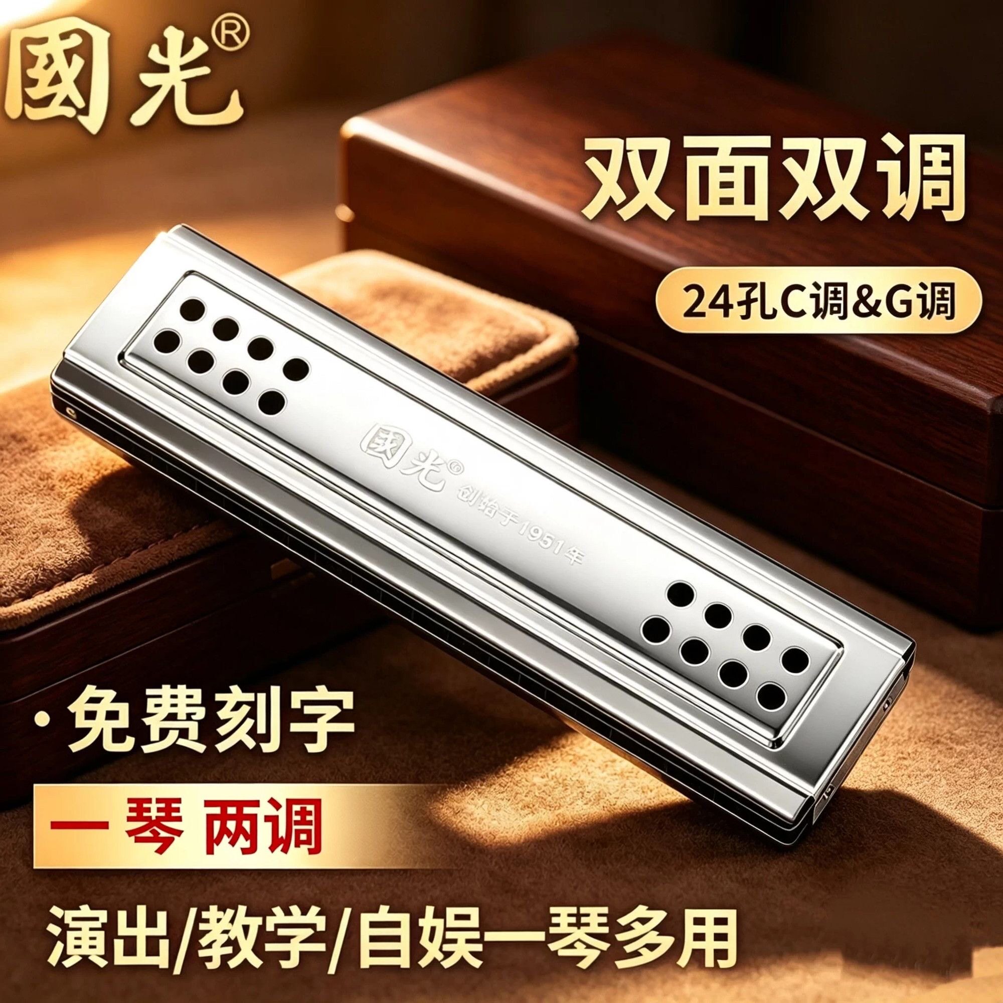 正品国光口琴24孔复音C调G调双面双调初学者入门成人高级专业演奏
