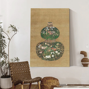饰画手绘油画中古客厅家居摆件挂画 葫芦花瓶法式 复古中国风玄关装