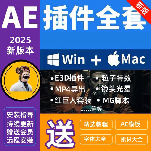 Ae插件全套合集2025一键安装包粒子调色e3d效果特效win/mac M1234