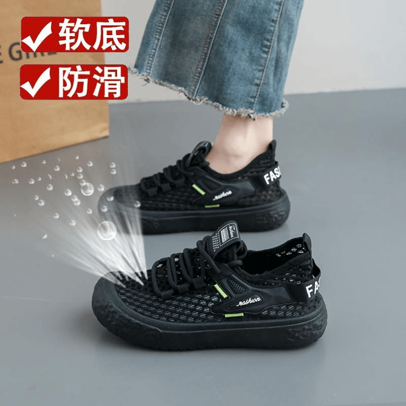 全黑色透气网鞋女夏季2026新款镂空网面久站不累脚防滑工作鞋薄款