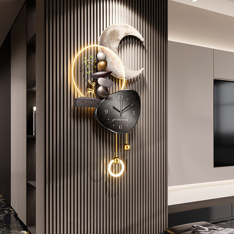 轻奢高级感带时钟电视背景墙装饰画创意客厅格栅壁灯石来运转挂画