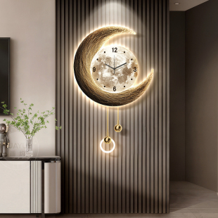 月球电视背景墙装饰画轻奢客厅钟表挂钟画高级感创意格栅壁灯挂件