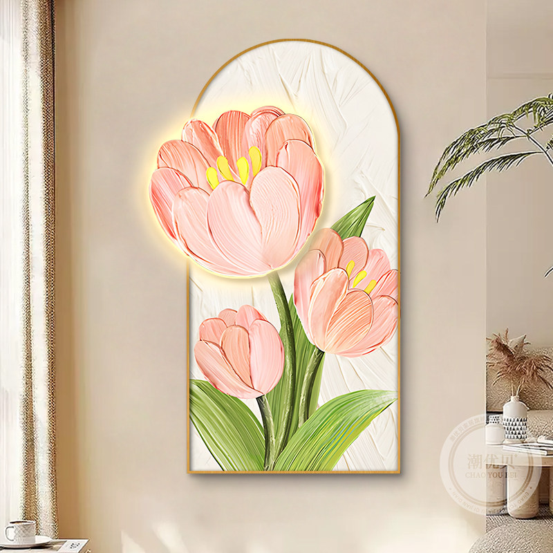 奶油风玄关装饰画壁灯立体花卉走廊过道挂画客厅沙发背景墙落地画