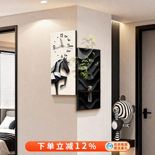 现代转角时钟客厅挂钟装饰画创意挂墙钟表高级感玄关拐角墙面挂画