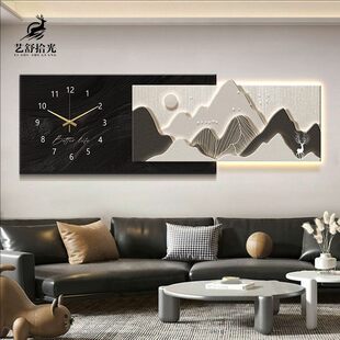 背有靠山客厅装饰画钟表高级感沙发背景墙砂岩时钟挂画高端壁画灯