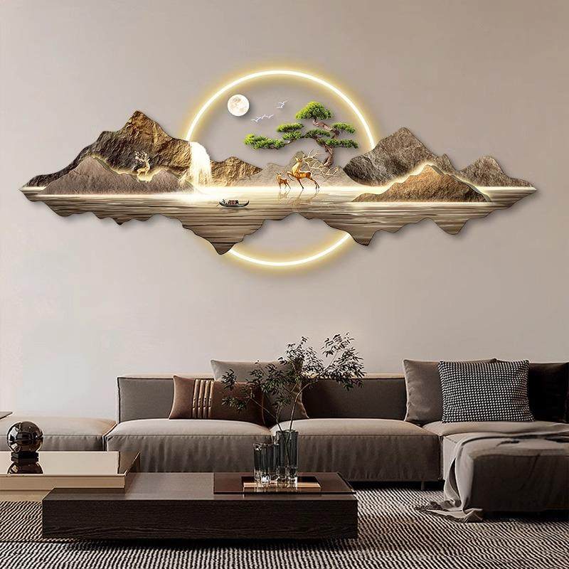 流水生财客厅装饰画大气轻奢沙发背景墙挂画高级感led氛围灯壁画