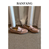 BANFANG女鞋 乐福鞋 圆头平底软皮便士乐福鞋 蝴蝶结胶粘豆豆鞋