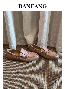 BANFANG女鞋圆头平底软皮便士乐福鞋蝴蝶结胶粘豆豆鞋乐福鞋