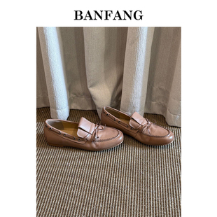 BANFANG女鞋圆头平底软皮便士乐福鞋蝴蝶结胶粘豆豆鞋乐福鞋
