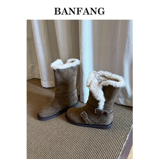 BANFANG女鞋 雪地靴柔软有型又百搭 2.5CM中筒皮带扣保暖低跟时尚