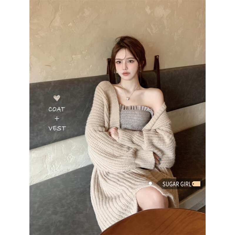 sugar~慵懒风披肩毛衣外套女秋2021新款针织衫中长款宽松外搭上衣