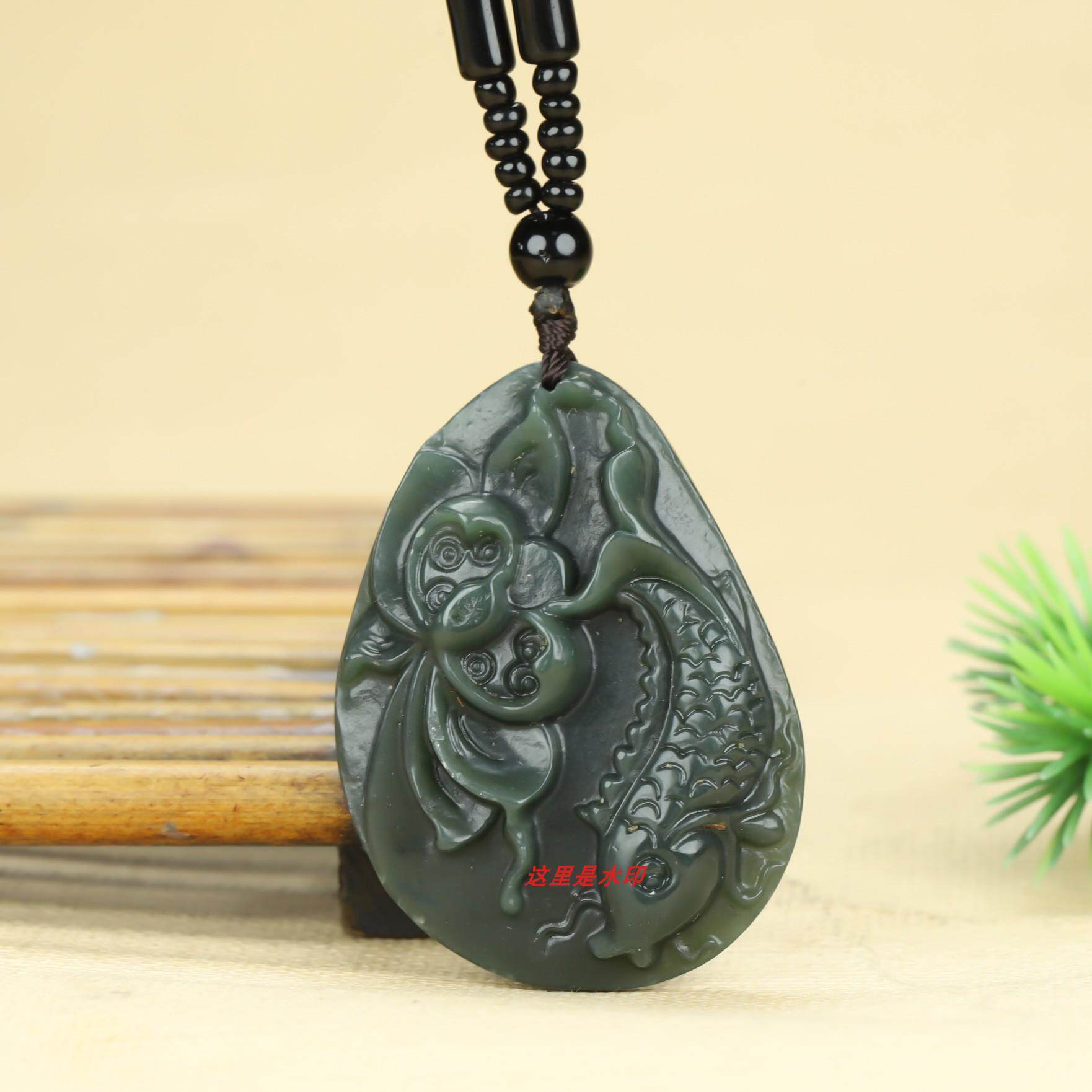 新疆和田玉青玉细料连年有鱼挂件青玉荷花鱼吊坠男女款毛衣链