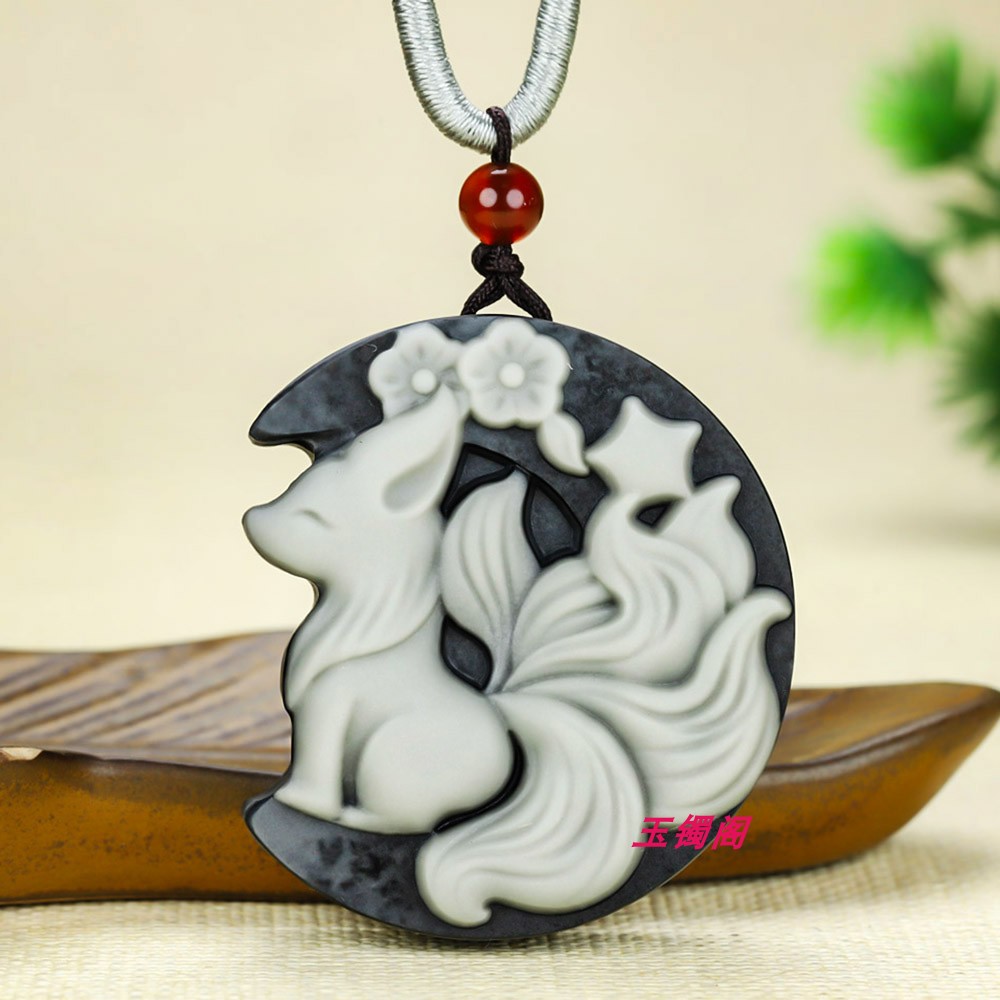 和田玉青花俏色聪明伶俐狐狸挂件玉石九尾狐吊坠男女款