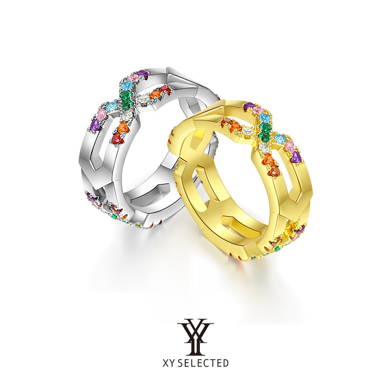xy selected戒指女原创小众个性彩色宝石嘻哈钛钢男指环情侣礼物