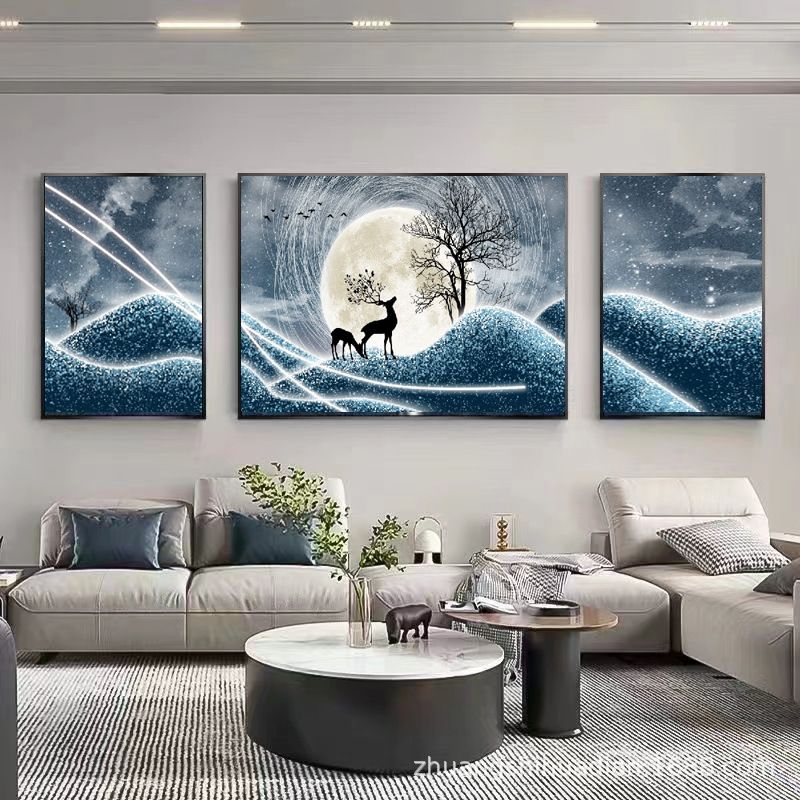 福禄双全壁画客厅装饰画福现代大气寓意好三联画沙发背景墙挂画