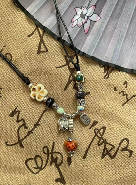 新中式醉梦爱心陶瓷串珠项链女复古编织绳颈链国风禅意汉服锁骨链