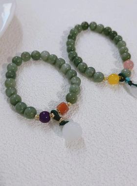 新中式复古平安扣玉石手链女小众设计感古风汉服莲蓬手串编织手绳