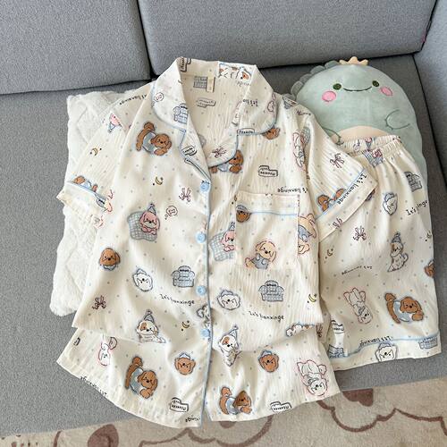 可爱沙发小狗睡衣女夏季云朵棉短袖短裤学生少女网红风家居服套装
