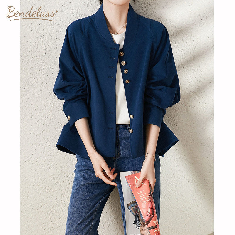 Bendelass复古蓝纯棉棒球服外套女新款高级感蝙蝠袖立领休闲上衣