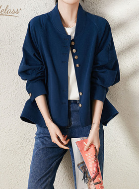 Bendelass复古蓝纯棉棒球服外套女新款高级感蝙蝠袖立领休闲上衣