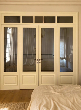实木折叠门阳台门隔断门定制法式奶油风卧室推拉门客厅长虹玻璃门