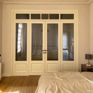 实木折叠门阳台门隔断门定制法式奶油风卧室推拉门客厅长虹玻璃门
