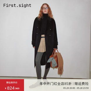 Firstsight双排扣设计感廓形中长款 全羊毛双面呢子外套女黑色大衣