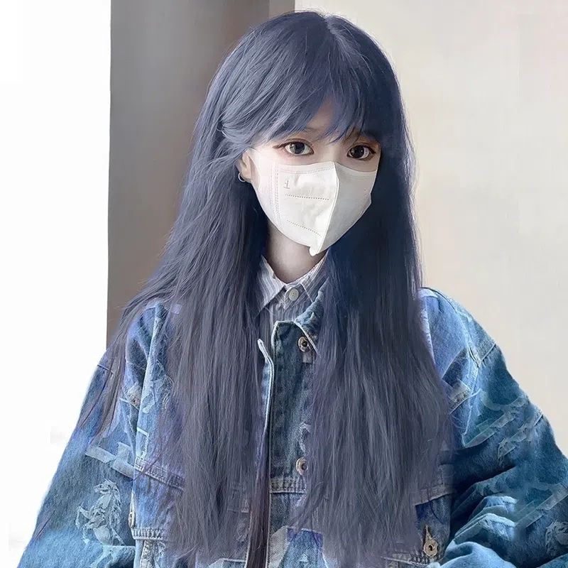 假发女长直发空气刘海圆脸网红主播烟灰蓝色COS头套二次元日系毛