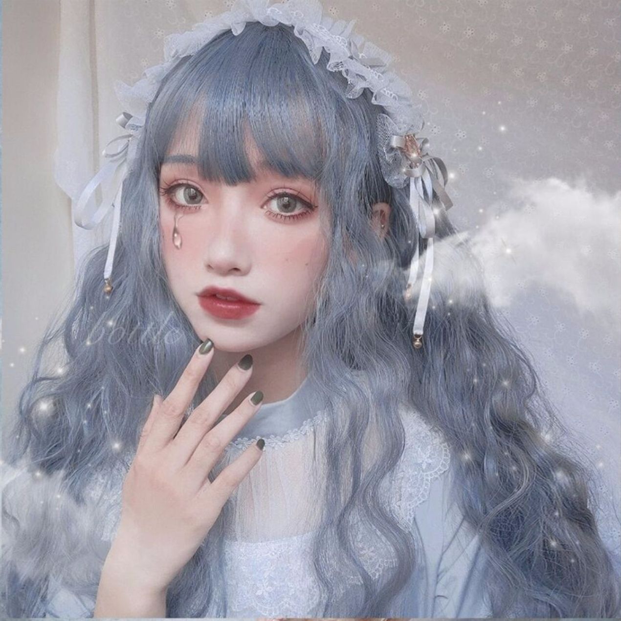烟灰蓝假发女长卷发lolita空气刘海羊毛卷网红日系玉米烫COS全头