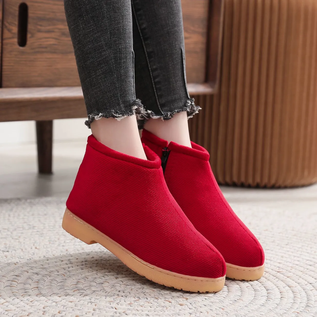 手工棉鞋男女冬季加绒加厚防滑牛筋底边拉链保暖鞋中老年包跟棉拖