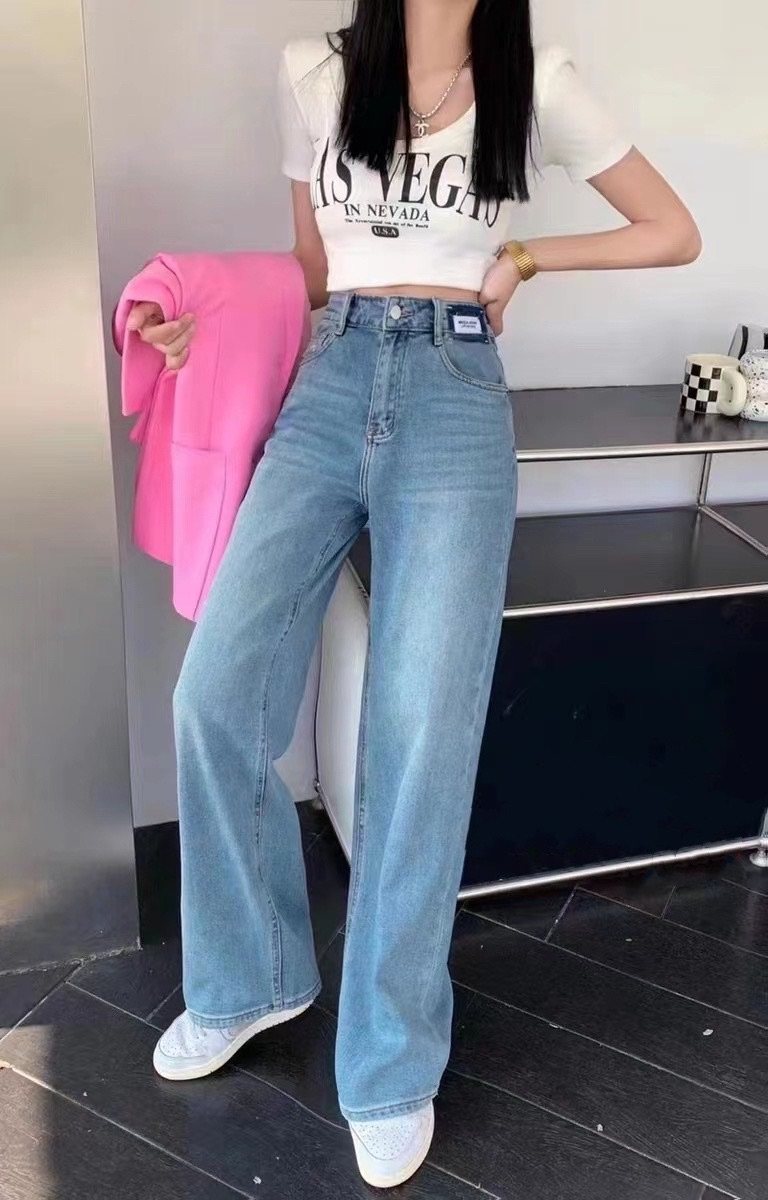 2026年新款春夏款basha芭莎香港花牌韩版百搭高腰拼色浅色阔腿大