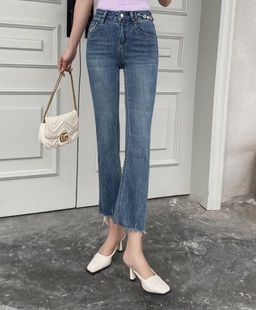 春夏BASHA香港花牌芭莎韩版百搭显瘦裤脚毛边九分微喇牛仔裤子 女