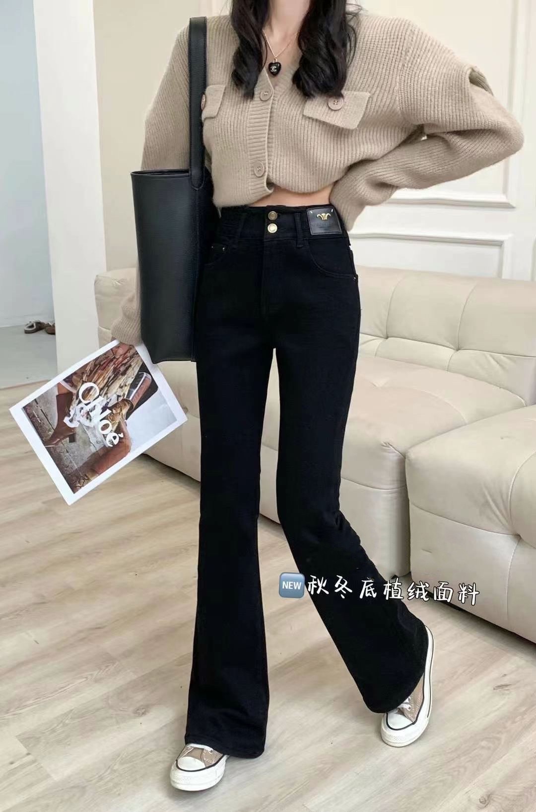 香港花牌秋冬款BASHA芭莎欧货百搭高腰弹力紧身厚绒微喇牛仔裤 女