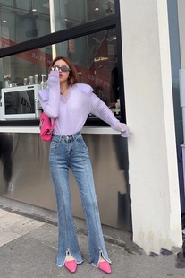 春夏秋BASHA香港花牌芭莎欧货百搭裤脚毛边开叉紧身微喇牛仔裤子