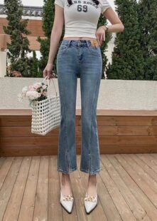 香港花牌芭莎basha春秋欧货小熊标牌脚口开叉九分微喇叭牛仔裤 女