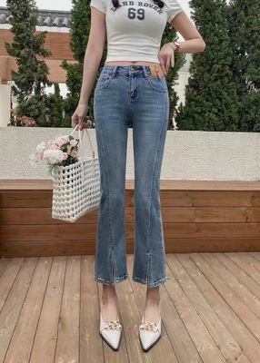 2025春秋牛仔裤短款微喇微胖女神