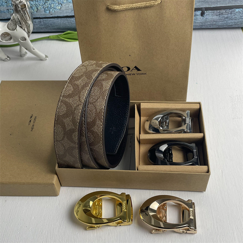 新款蔻家双扣皮带男士自动C扣布纹带身商务休闲腰带裤带现货