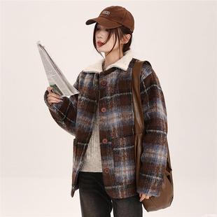 学院风毛呢外套女装冬季新款格纹夹棉加厚保暖双面呢大衣衬衫棉衣